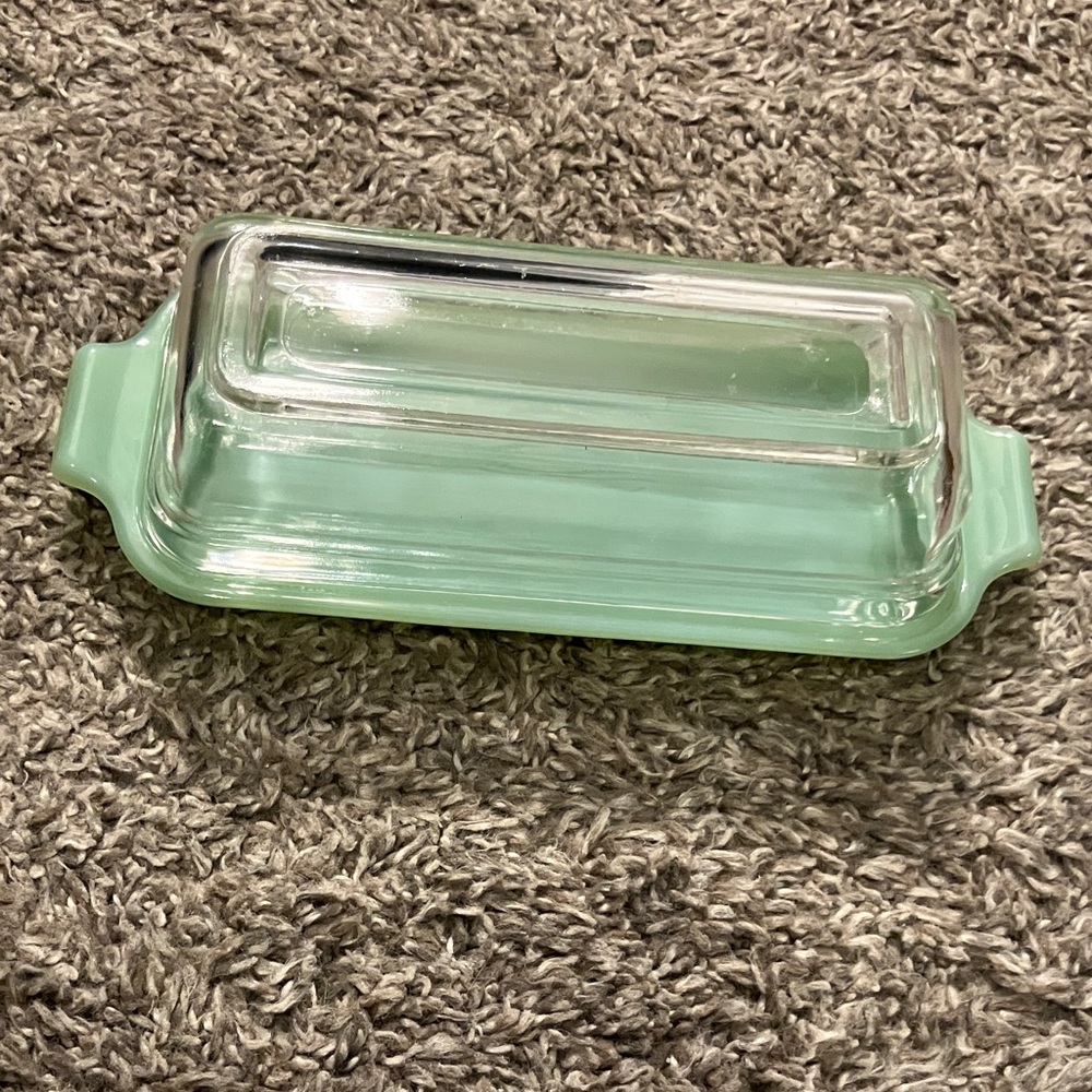 Vintage Glass Fire King Jadeite Green Butter Dish with Clear Lid